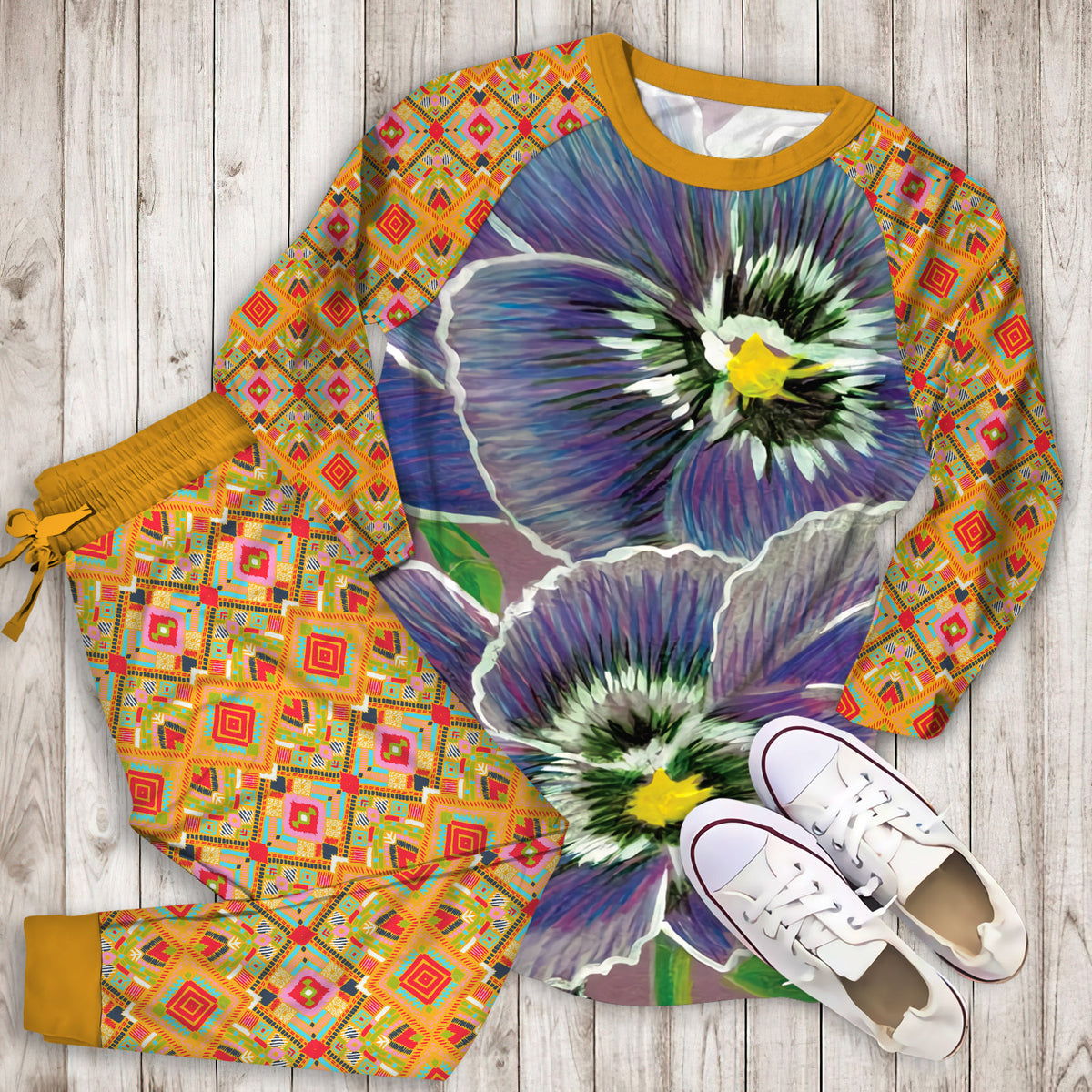 African Violet Pajama Set | Pajamas | Cotton Sleepwear Sets | Soft Long Sleeve Pjs | Raglan Shirt and Pants Set