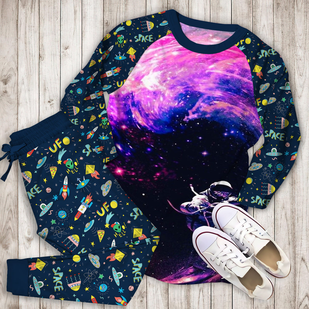 Astronaut Surfing In The Galaxy Pajama Set | Pajamas | Cotton Sleepwear Sets | Soft Long Sleeve Pjs | Raglan Shirt and Pants Set