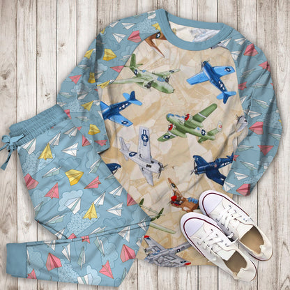 Airplane Color Pajama Set |Sleepwear Pjs Sets | Raglan Shirt Pants Set
