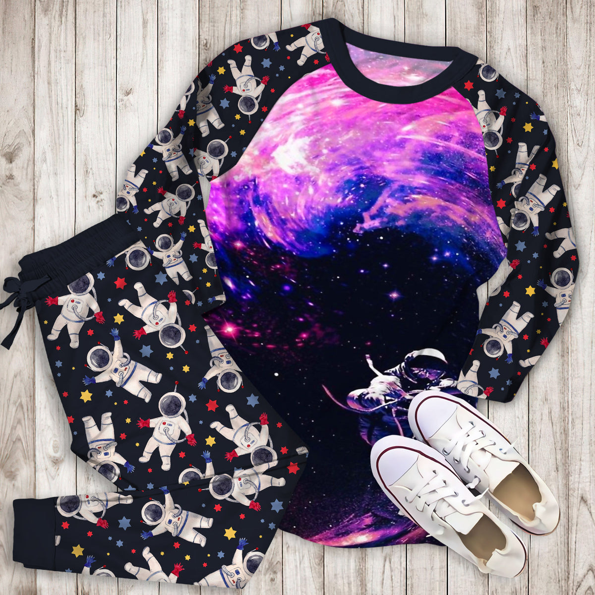 Astronaut Surfing In The Galaxy Pajama Set | Pajamas | Cotton Sleepwear Sets | Soft Long Sleeve Pjs | Raglan Shirt and Pants Set