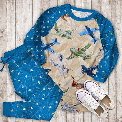 Airplane Color Pajama Set |Sleepwear Pjs Sets | Raglan Shirt Pants Set