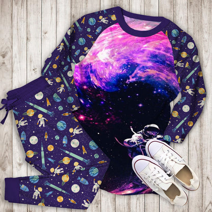 Astronaut Surfing In The Galaxy Pajama Set | Pajamas | Cotton Sleepwear Sets | Soft Long Sleeve Pjs | Raglan Shirt and Pants Set