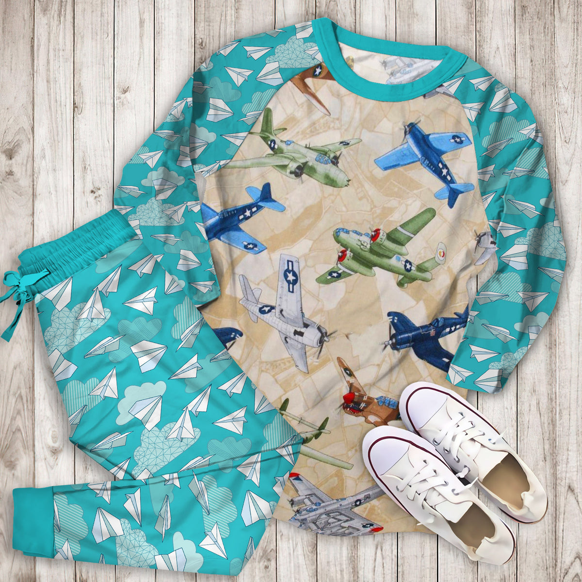 Airplane Color Pajama Set |Sleepwear Pjs Sets | Raglan Shirt Pants Set