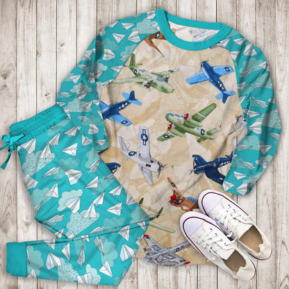 Airplane Color Pajama Set |Sleepwear Pjs Sets | Raglan Shirt Pants Set