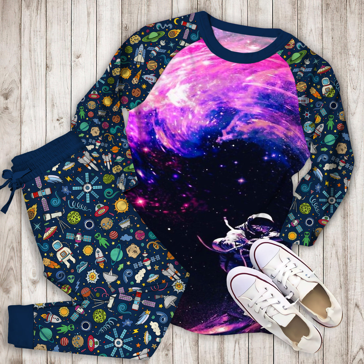 Astronaut Surfing In The Galaxy Pajama Set | Pajamas | Cotton Sleepwear Sets | Soft Long Sleeve Pjs | Raglan Shirt and Pants Set