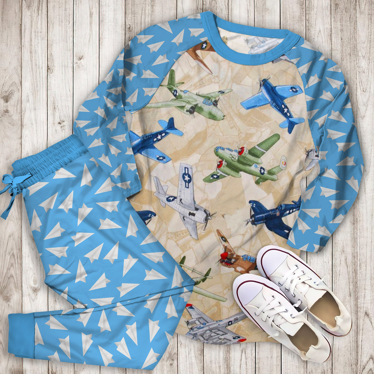 Airplane Color Pajama Set |Sleepwear Pjs Sets | Raglan Shirt Pants Set