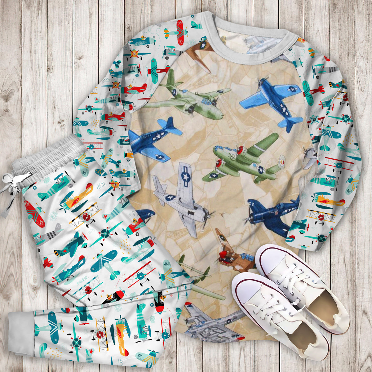 Airplane Color Pajama Set |Sleepwear Pjs Sets | Raglan Shirt Pants Set