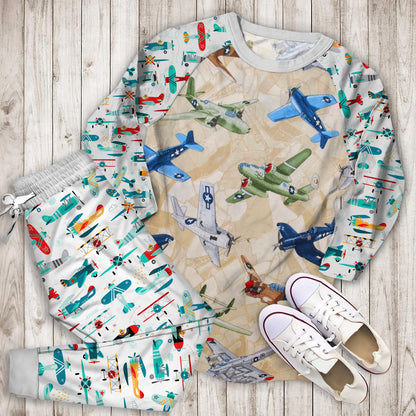 Airplane Color Pajama Set |Sleepwear Pjs Sets | Raglan Shirt Pants Set