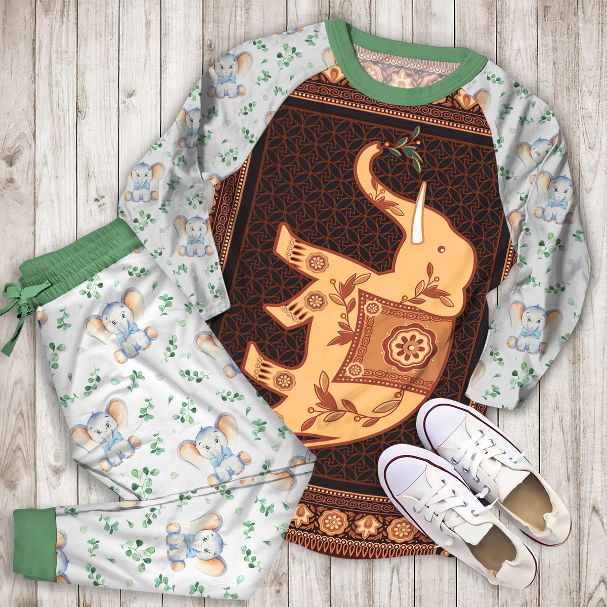 Elephant Pajama Set | Pajamas | Cotton Sleepwear Sets | Soft Long Sleeve Pjs | Raglan Shirt and Pants Set
