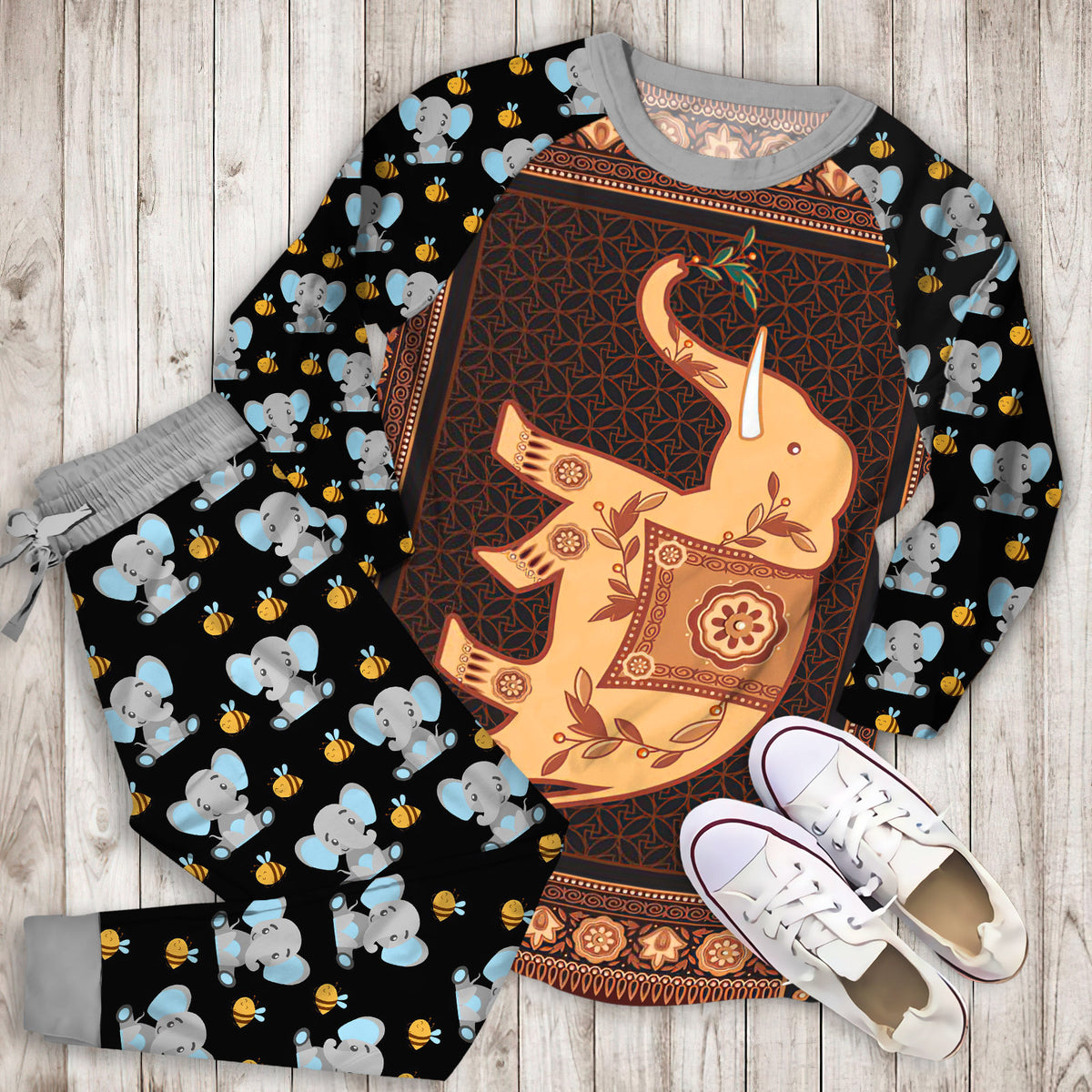 Elephant Pajama Set | Pajamas | Cotton Sleepwear Sets | Soft Long Sleeve Pjs | Raglan Shirt and Pants Set