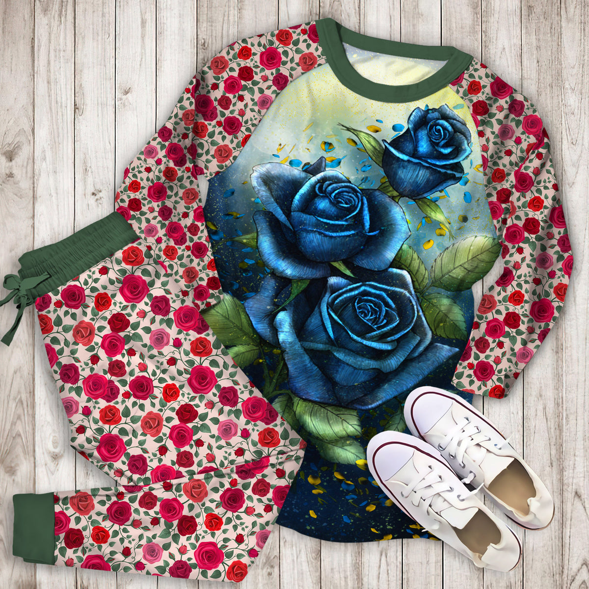 Rose Pajama Set | Pajamas | Cotton Sleepwear Sets | Soft Long Sleeve Pjs | Raglan Shirt and Pants Set