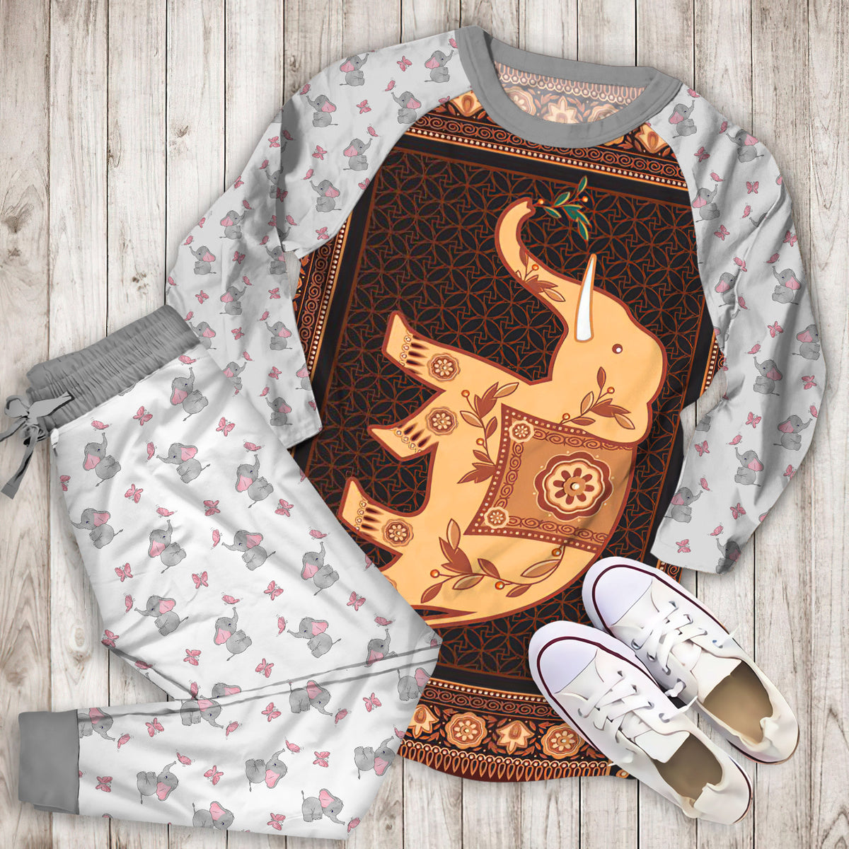 Elephant Pajama Set | Pajamas | Cotton Sleepwear Sets | Soft Long Sleeve Pjs | Raglan Shirt and Pants Set