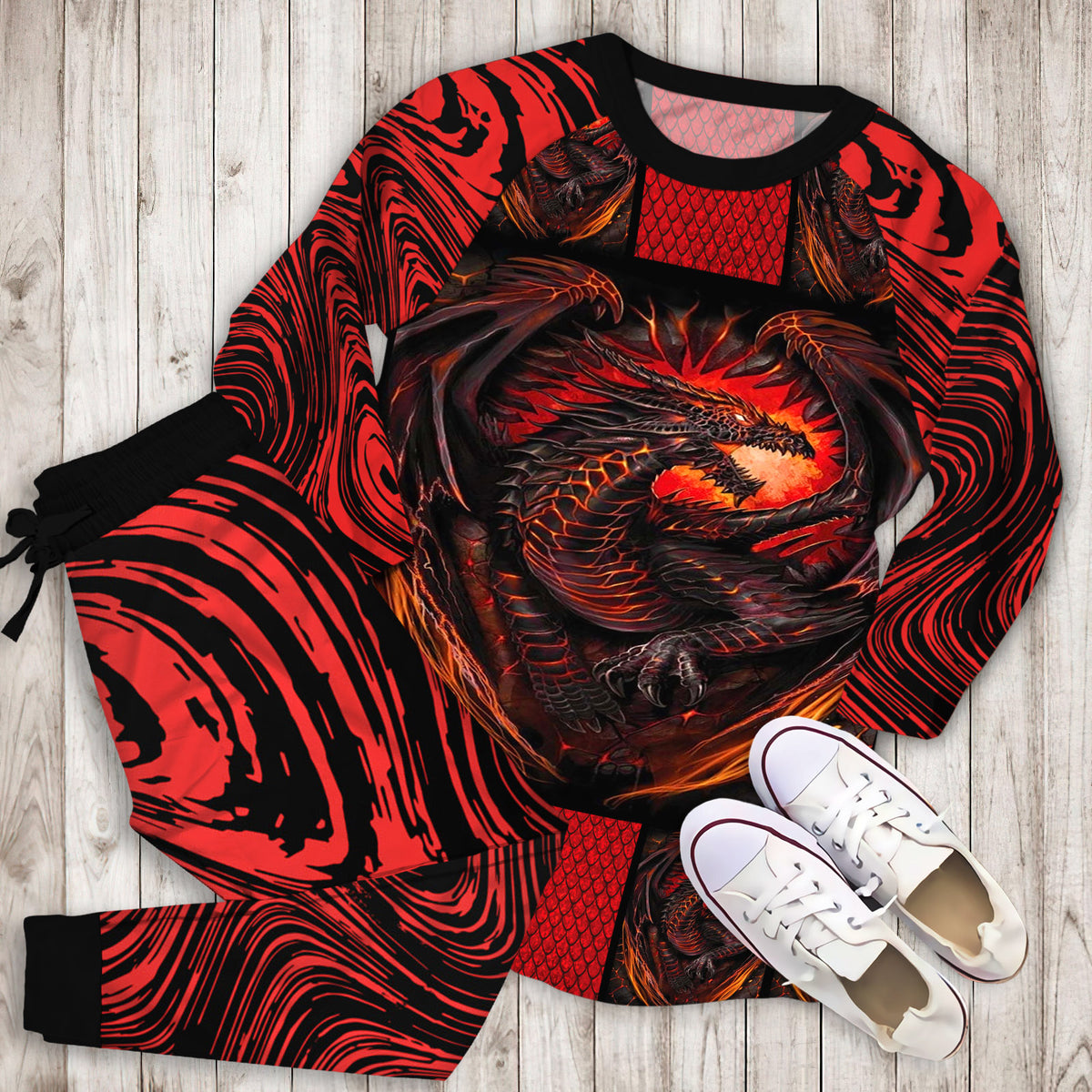 Red Dragon Pajama Set |Sleepwear Pjs Sets | Raglan Shirt Pants Set