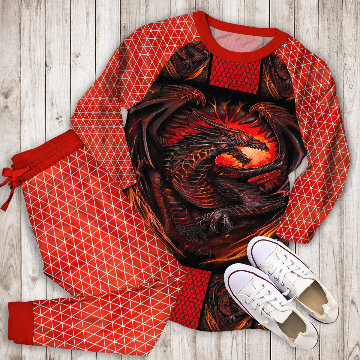 Red Dragon Pajama Set |Sleepwear Pjs Sets | Raglan Shirt Pants Set