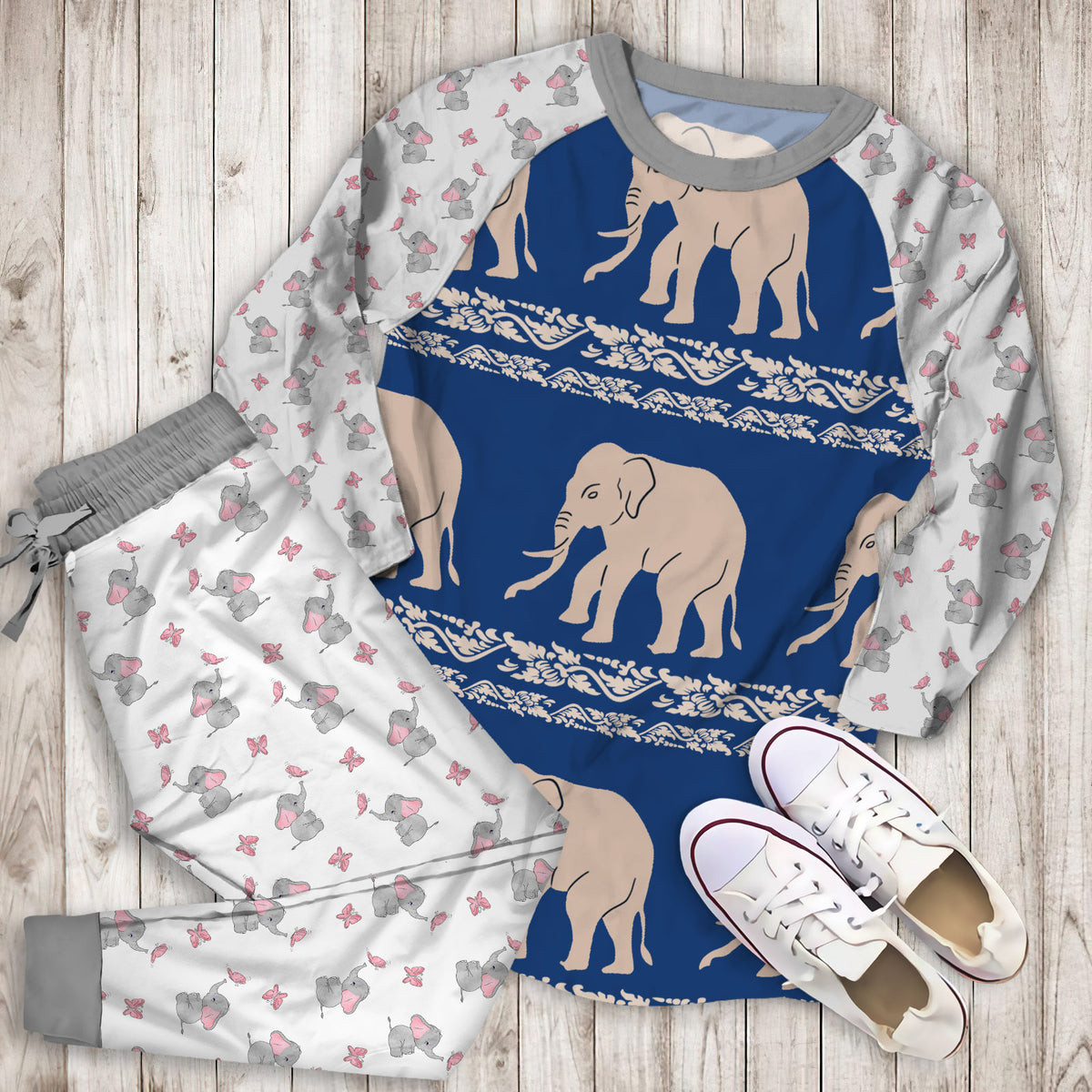 Elephant Pajama Set |Sleepwear Pjs Sets | Raglan Shirt Pants Set