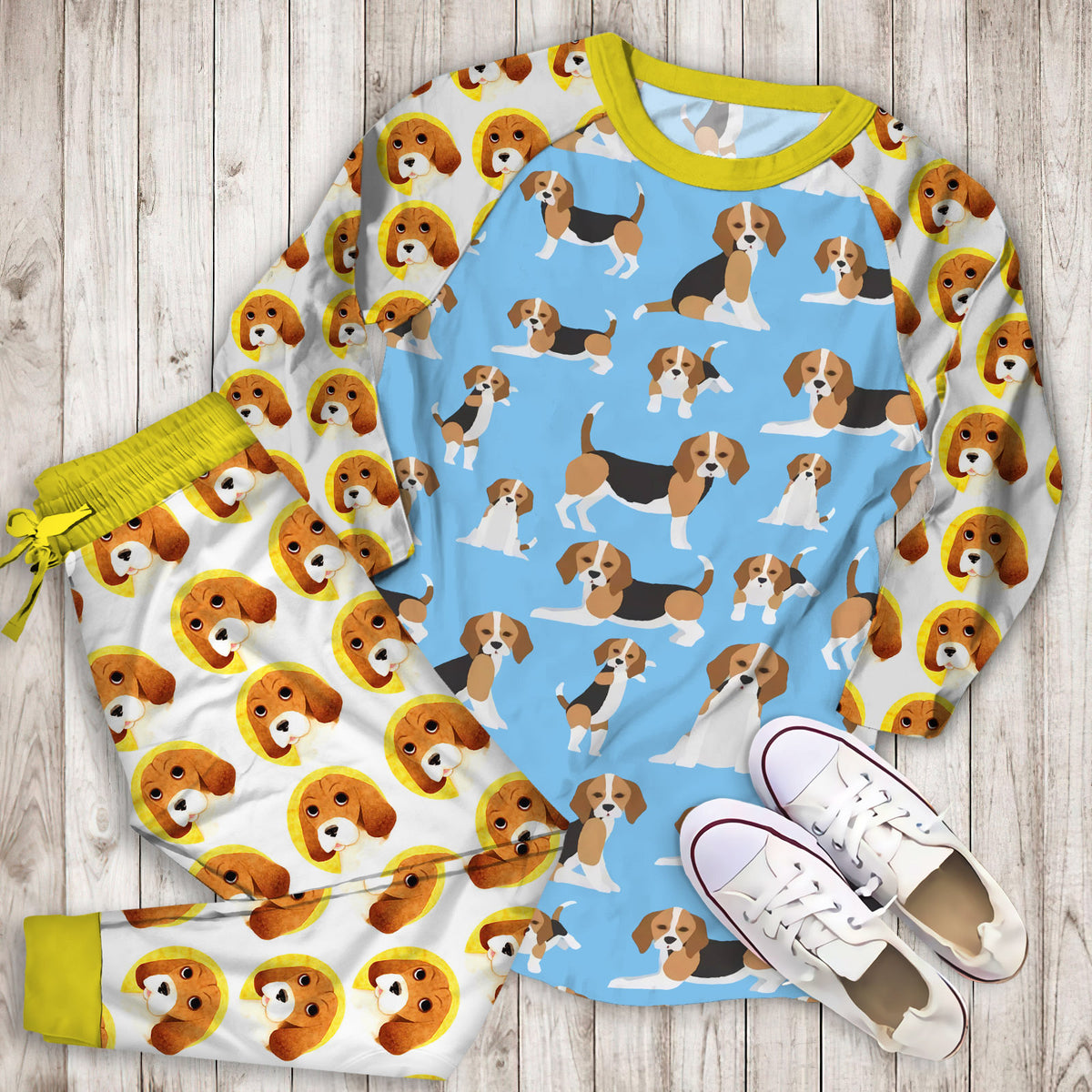 Beagle Dog Blue Background Pattern Pajama Set |Sleepwear Pjs Sets | Raglan Shirt Pants Set