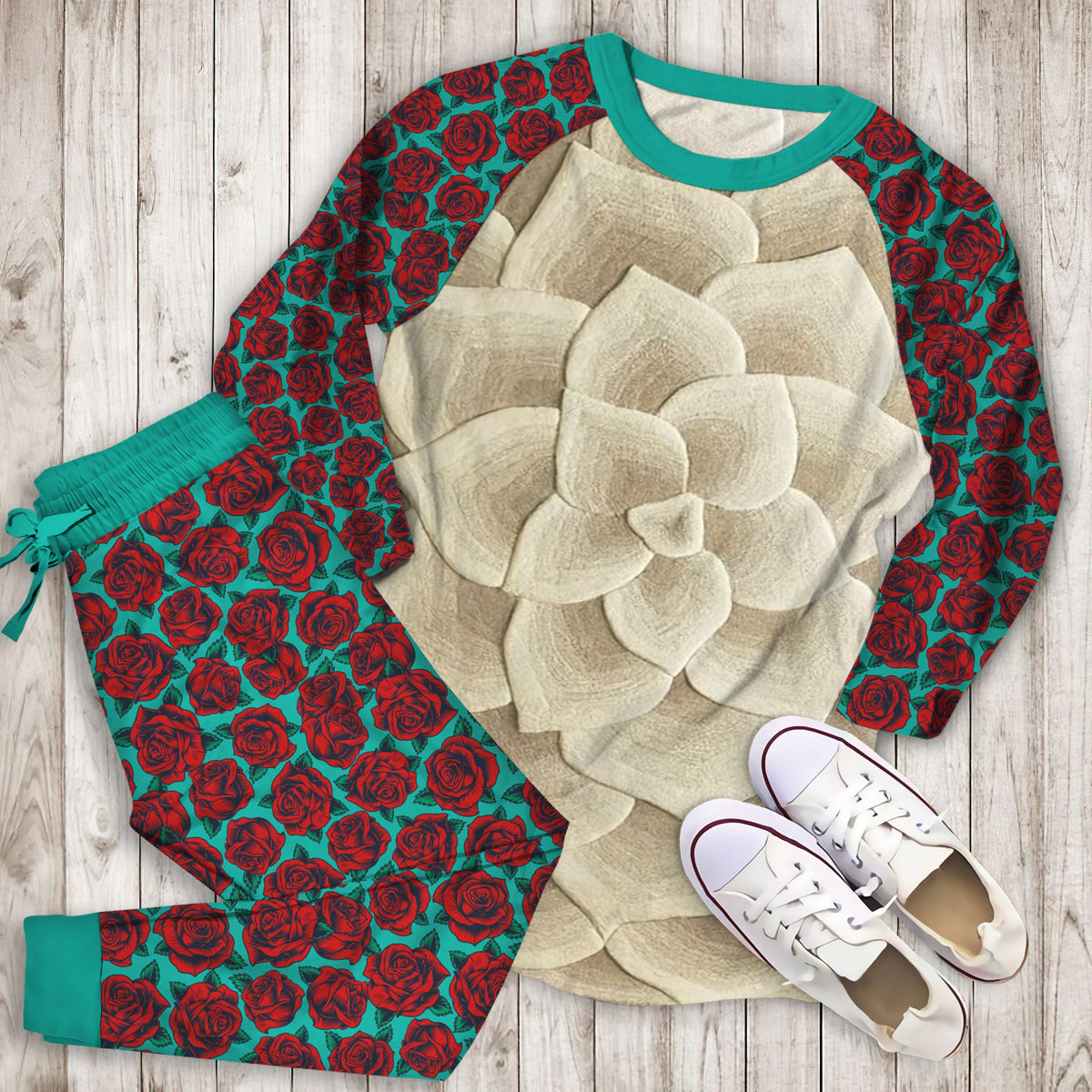 Rose Tufted Ivory Pajama Set | Pajamas | Cotton Sleepwear Sets | Soft Long Sleeve Pjs | Raglan Shirt and Pants Set