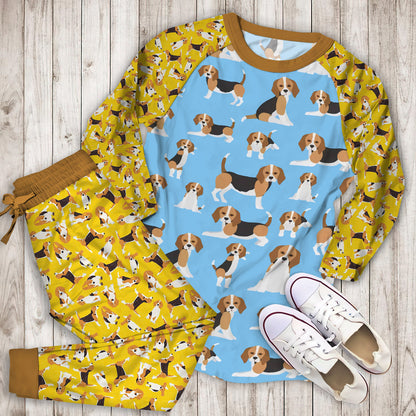 Beagle Dog Blue Background Pattern Pajama Set |Sleepwear Pjs Sets | Raglan Shirt Pants Set