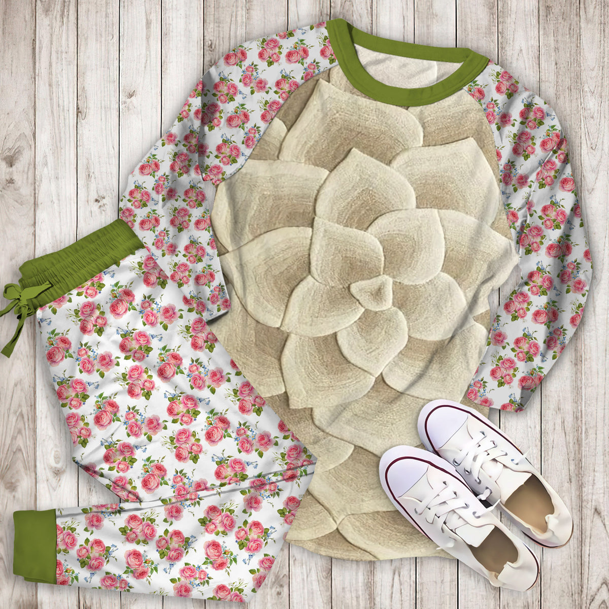 Rose Tufted Ivory Pajama Set | Pajamas | Cotton Sleepwear Sets | Soft Long Sleeve Pjs | Raglan Shirt and Pants Set