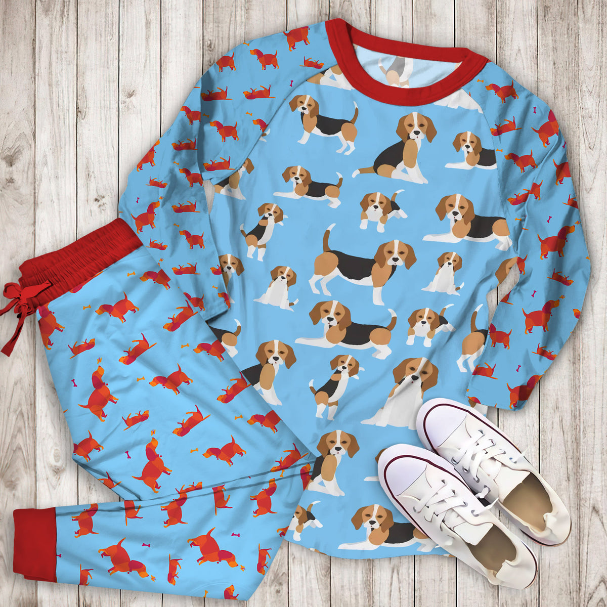 Beagle Dog Blue Background Pattern Pajama Set |Sleepwear Pjs Sets | Raglan Shirt Pants Set