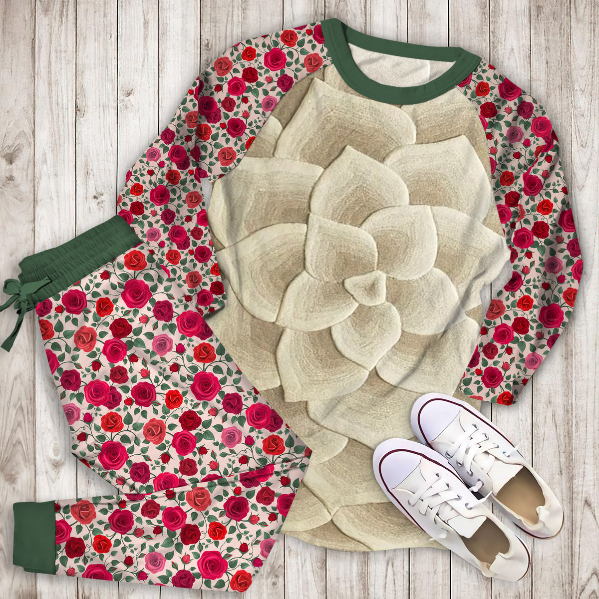 Rose Tufted Ivory Pajama Set | Pajamas | Cotton Sleepwear Sets | Soft Long Sleeve Pjs | Raglan Shirt and Pants Set
