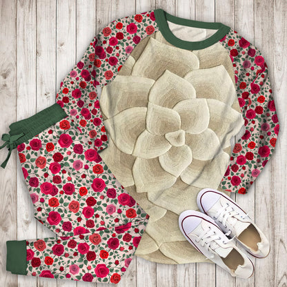 Rose Tufted Ivory Pajama Set | Pajamas | Cotton Sleepwear Sets | Soft Long Sleeve Pjs | Raglan Shirt and Pants Set