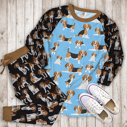 Beagle Dog Blue Background Pattern Pajama Set |Sleepwear Pjs Sets | Raglan Shirt Pants Set
