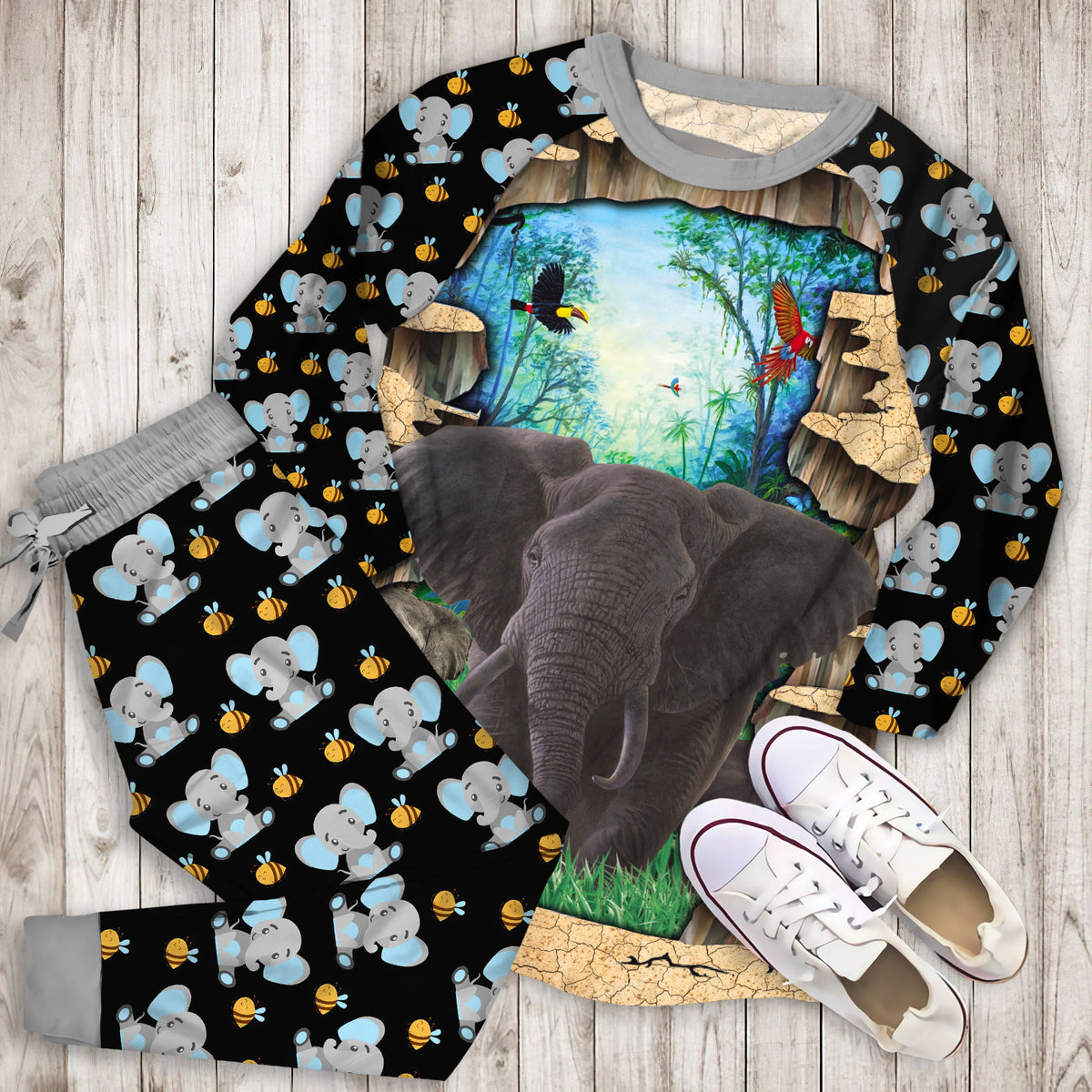 Elephant Pajama Set | Pajamas | Cotton Sleepwear Sets | Soft Long Sleeve Pjs | Raglan Shirt and Pants Set