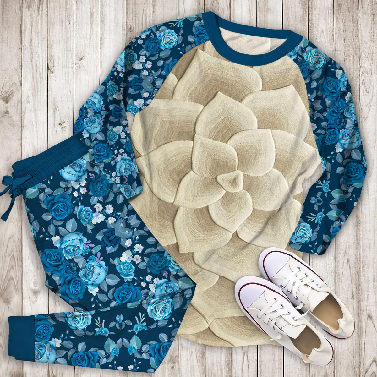 Rose Tufted Ivory Pajama Set | Pajamas | Cotton Sleepwear Sets | Soft Long Sleeve Pjs | Raglan Shirt and Pants Set