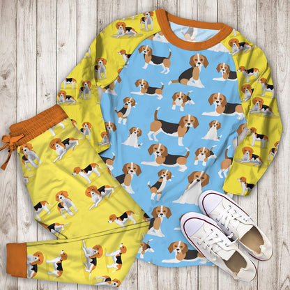 Beagle Dog Blue Background Pattern Pajama Set |Sleepwear Pjs Sets | Raglan Shirt Pants Set