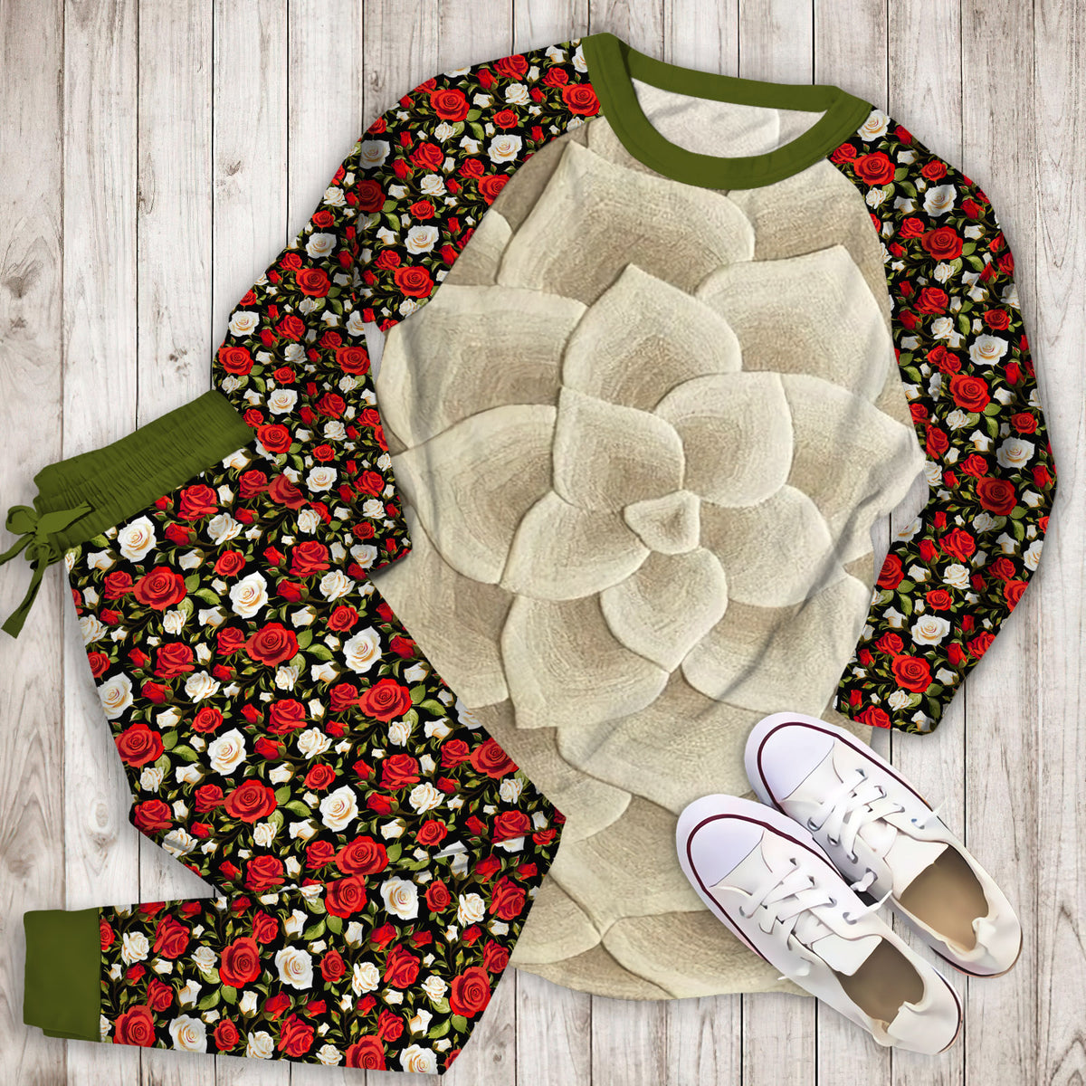Rose Tufted Ivory Pajama Set | Pajamas | Cotton Sleepwear Sets | Soft Long Sleeve Pjs | Raglan Shirt and Pants Set
