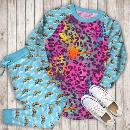 Rainbow Cheetah Leopard Pajama Set |Sleepwear Pjs Sets | Raglan Shirt Pants Set