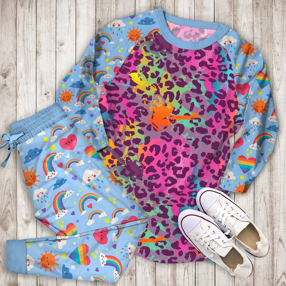 Rainbow Cheetah Leopard Pajama Set |Sleepwear Pjs Sets | Raglan Shirt Pants Set