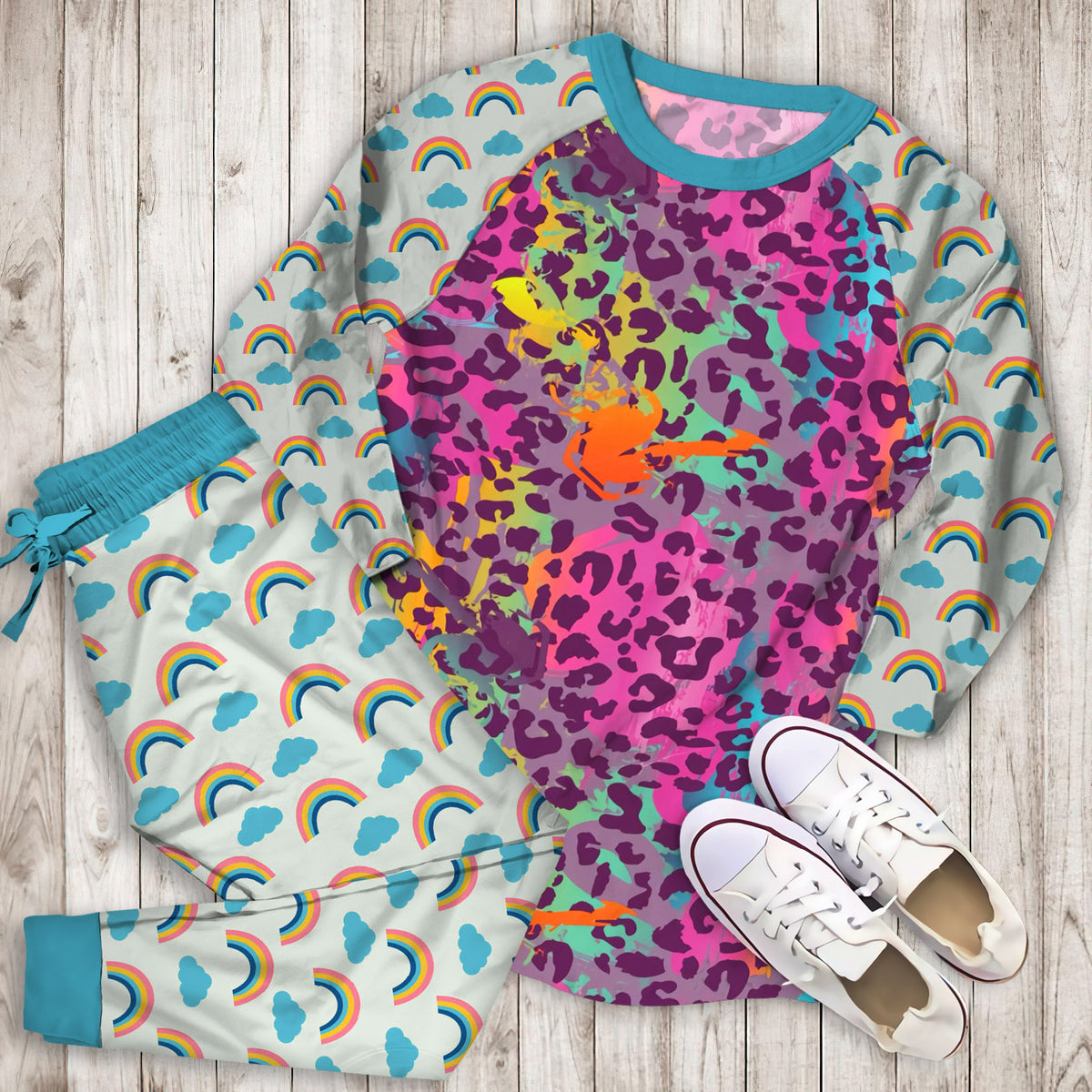 Rainbow Cheetah Leopard Pajama Set |Sleepwear Pjs Sets | Raglan Shirt Pants Set
