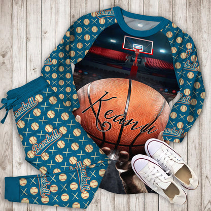 Basketball Hand Hoop Personalized Name Pajama Set |Sleepwear Pjs Sets | Raglan Shirt Pants Set