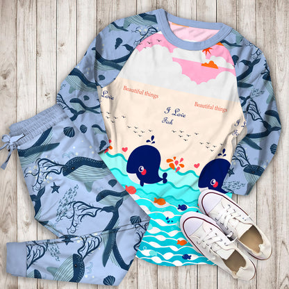 Whale Pajama Set | Pajamas | Cotton Sleepwear Sets | Soft Long Sleeve Pjs | Raglan Shirt and Pants Set