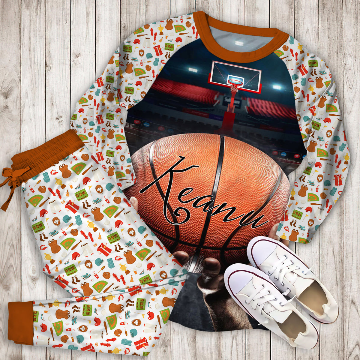 Basketball Hand Hoop Personalized Name Pajama Set |Sleepwear Pjs Sets | Raglan Shirt Pants Set