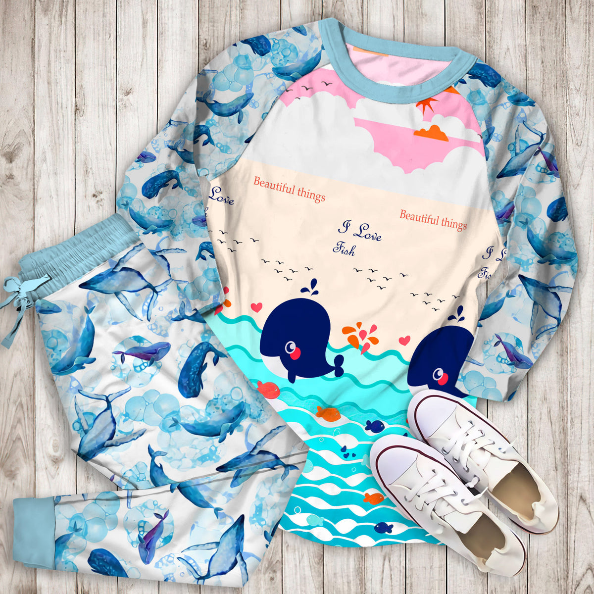 Whale Pajama Set | Pajamas | Cotton Sleepwear Sets | Soft Long Sleeve Pjs | Raglan Shirt and Pants Set