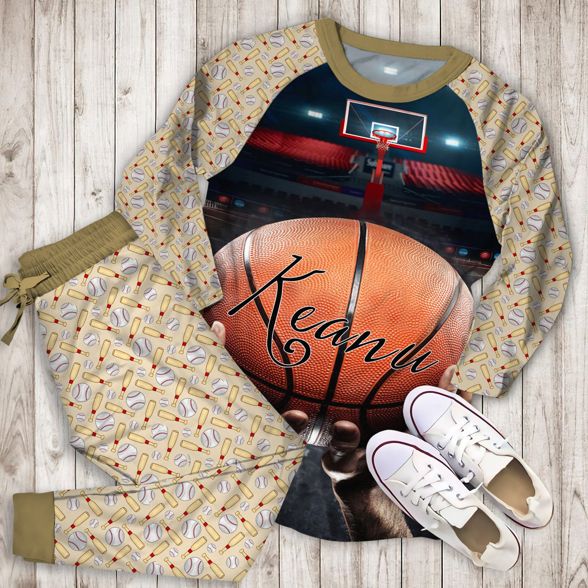 Basketball Hand Hoop Personalized Name Pajama Set |Sleepwear Pjs Sets | Raglan Shirt Pants Set