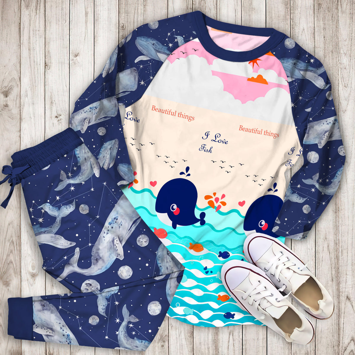 Whale Pajama Set | Pajamas | Cotton Sleepwear Sets | Soft Long Sleeve Pjs | Raglan Shirt and Pants Set