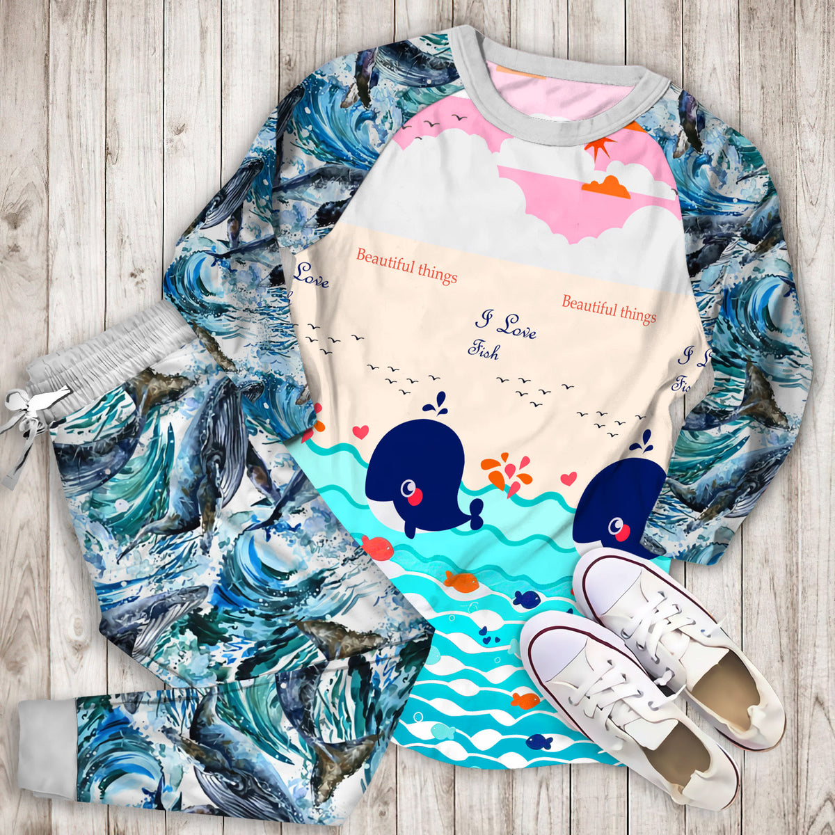 Whale Pajama Set | Pajamas | Cotton Sleepwear Sets | Soft Long Sleeve Pjs | Raglan Shirt and Pants Set