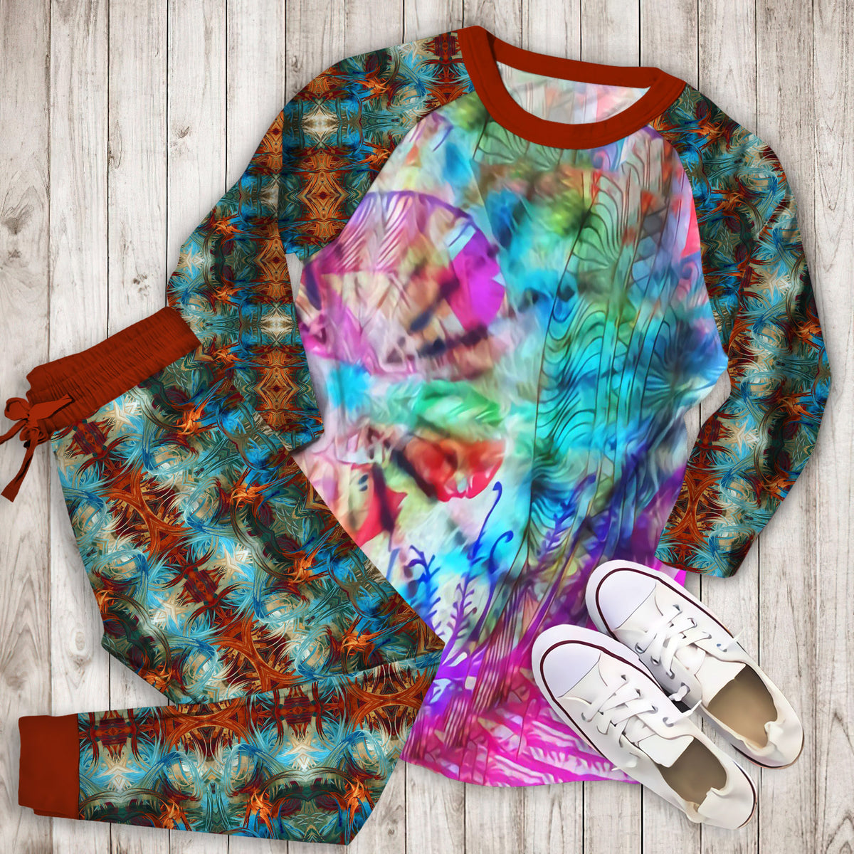 Abstract Tie Dye Pajama Set |Sleepwear Pjs Sets | Raglan Shirt Pants Set
