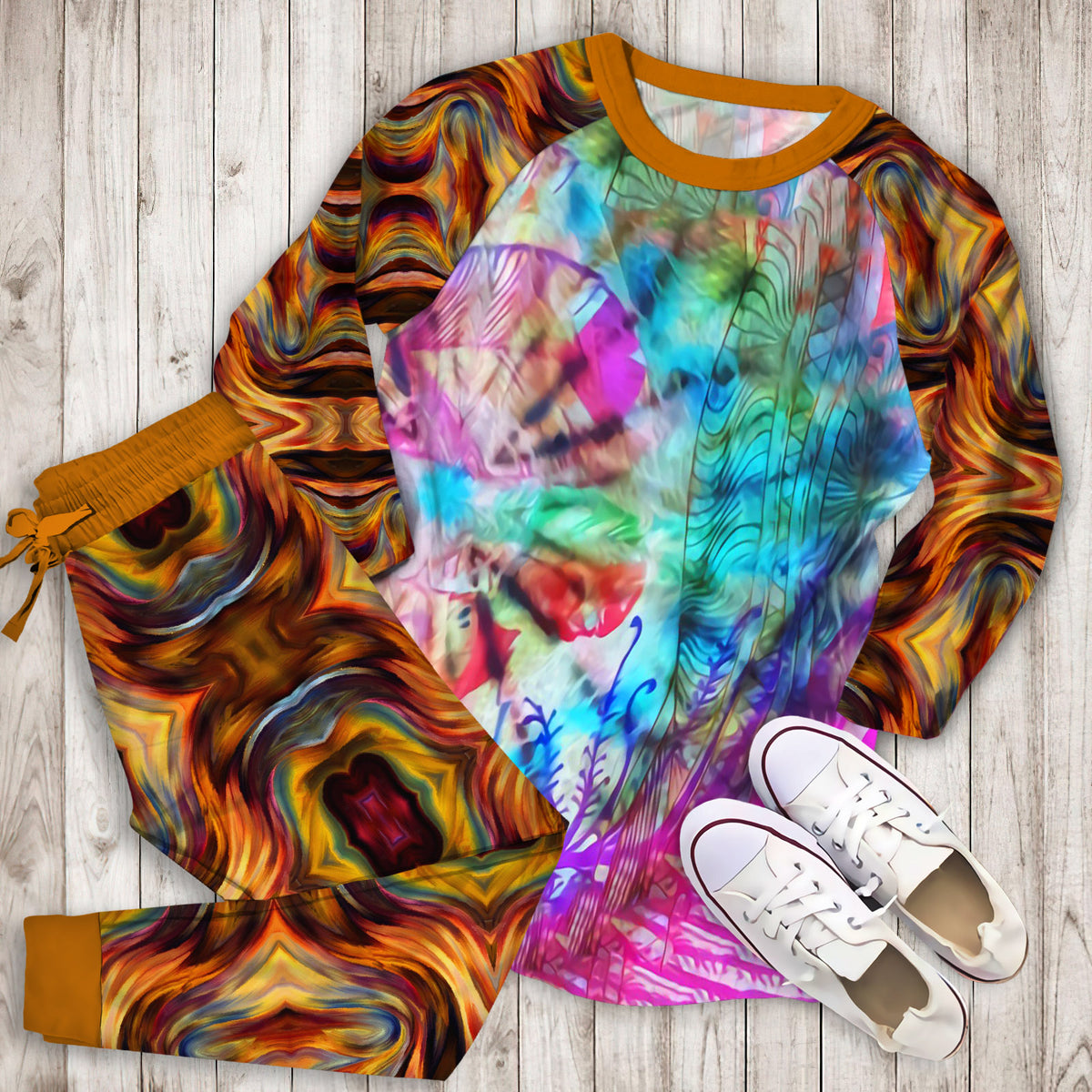 Abstract Tie Dye Pajama Set |Sleepwear Pjs Sets | Raglan Shirt Pants Set