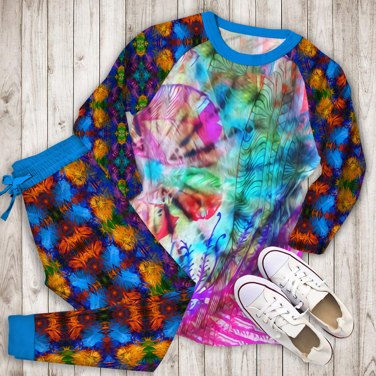 Abstract Tie Dye Pajama Set |Sleepwear Pjs Sets | Raglan Shirt Pants Set