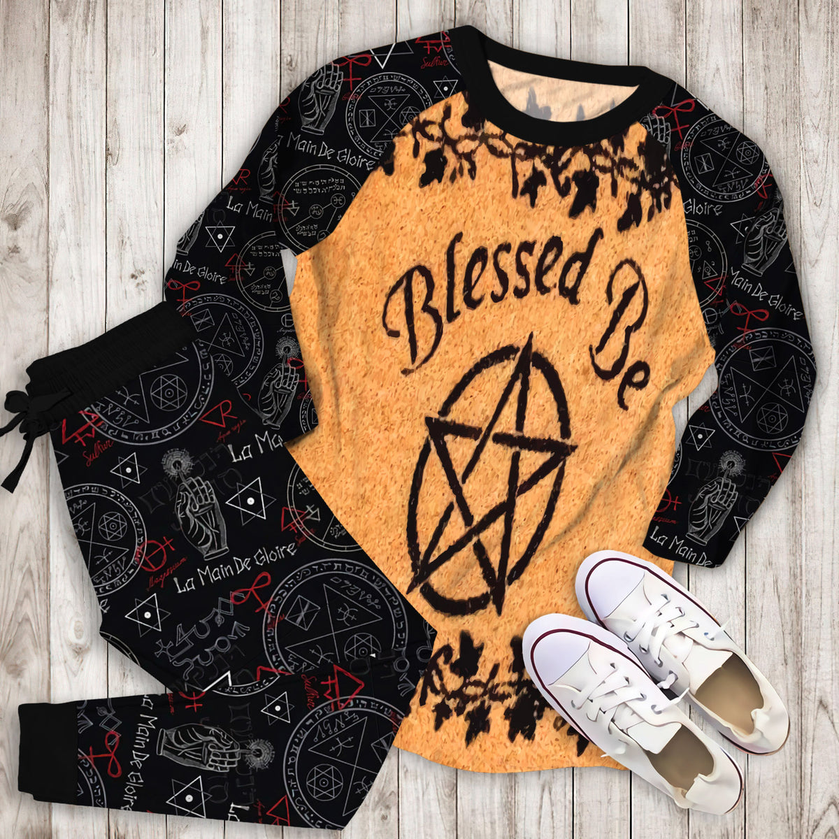 Wicca Blessed Be Pajama Set | Pajamas | Cotton Sleepwear Sets | Soft Long Sleeve Pjs | Raglan Shirt and Pants Set
