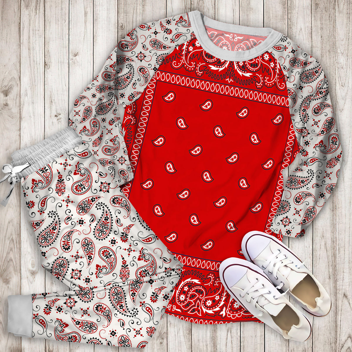 Bandana Red Pajama Set | Pajamas | Cotton Sleepwear Sets | Soft Long Sleeve Pjs | Raglan Shirt and Pants Set