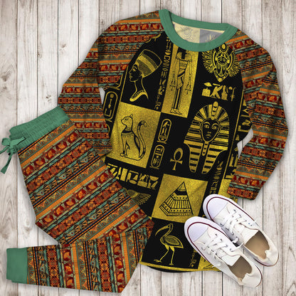 Egyptian Gold Hieroglyphs And Symbols Collage Pajama Set |Sleepwear Pjs Sets | Raglan Shirt Pants Set
