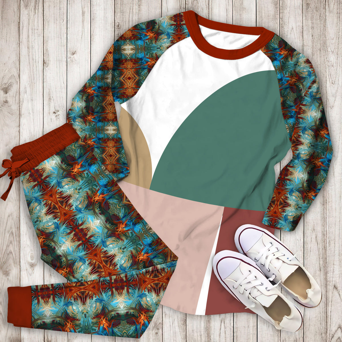 Abstract Geometric Pajama Set | Pajamas | Cotton Sleepwear Sets | Soft Long Sleeve Pjs | Raglan Shirt and Pants Set