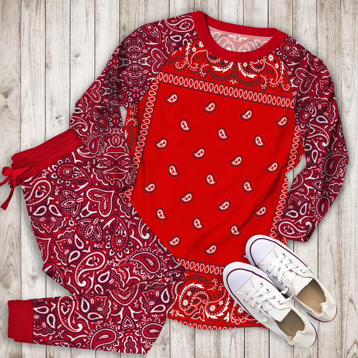 Bandana Red Pajama Set | Pajamas | Cotton Sleepwear Sets | Soft Long Sleeve Pjs | Raglan Shirt and Pants Set
