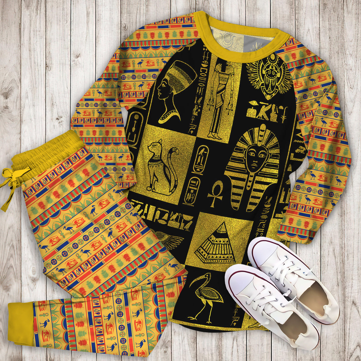 Egyptian Gold Hieroglyphs And Symbols Collage Pajama Set |Sleepwear Pjs Sets | Raglan Shirt Pants Set
